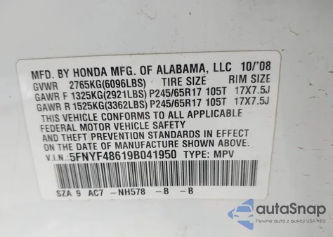 2009 Honda Pilot Ex-L из США, поврежденный, VIN 5FNYF48619B041950